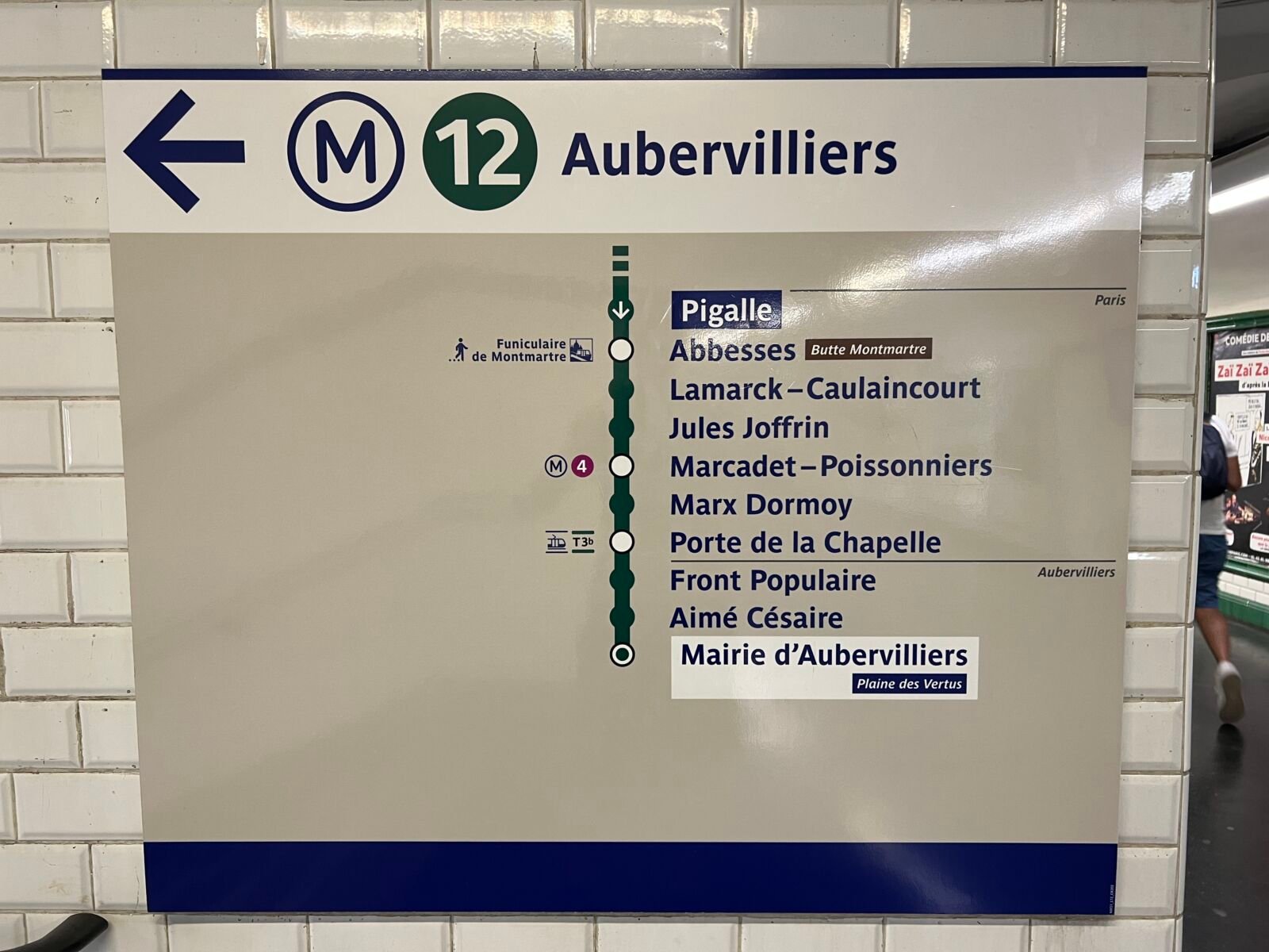 Panel con la lista de estaciones de la línea 12, dirección Aubervilliers, en un andén del metro de París
